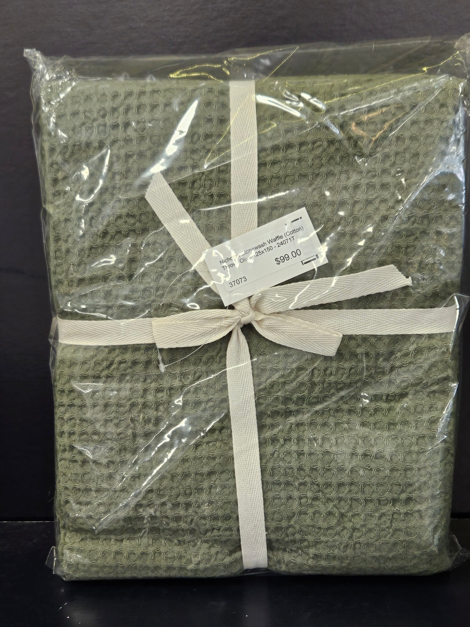 Nicholas Stonewash Waffle (Cotton) Throw - Olive 125 x 150